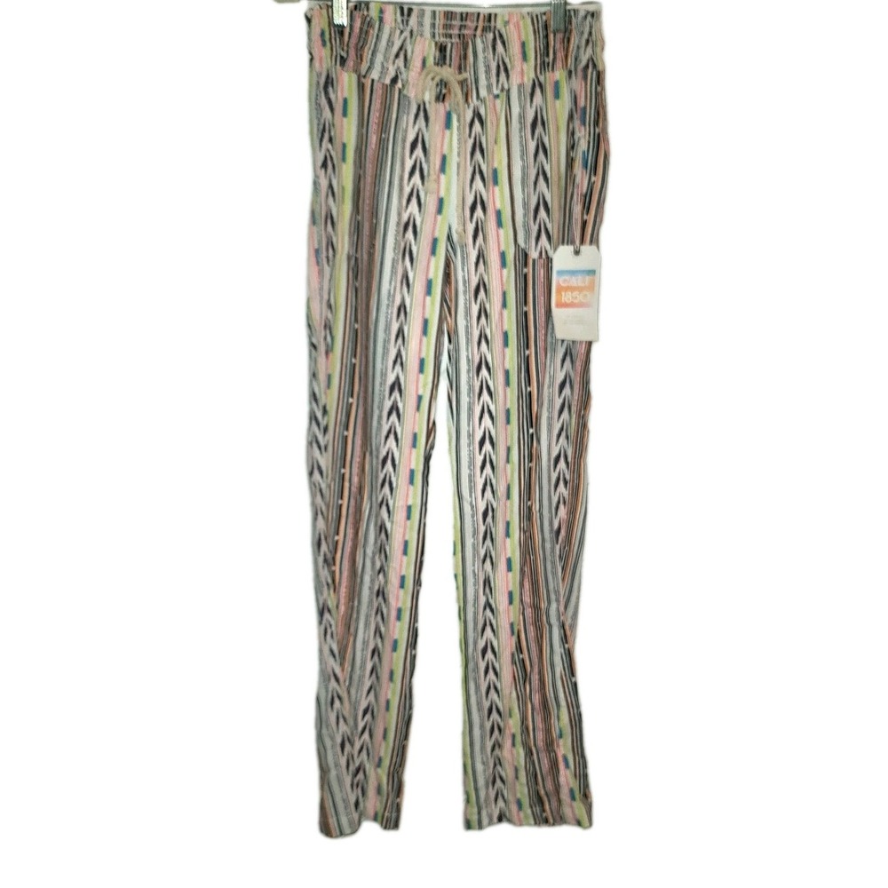 Cali 1850 Linen Pants Women's Multistripe Casual Pockets Pull On Boho Beach Y2K